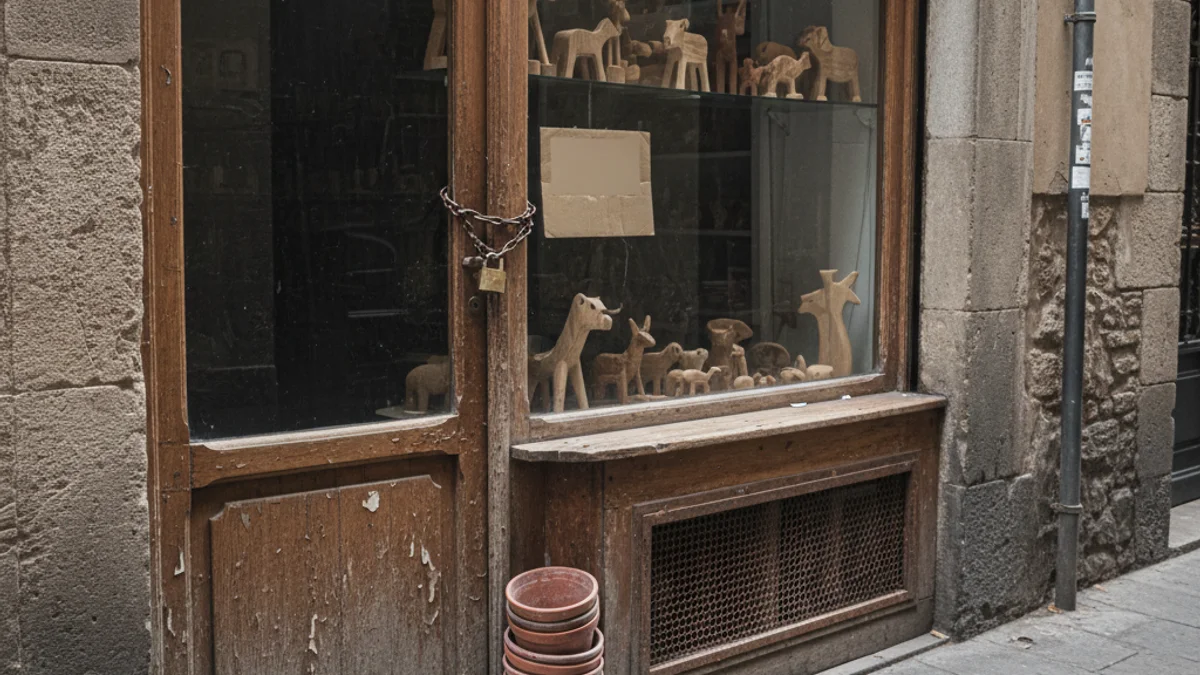 Figures de Nadal de fusta d'olivera exposades en una botiga tancada al Barri Gòtic de Barcelona.
