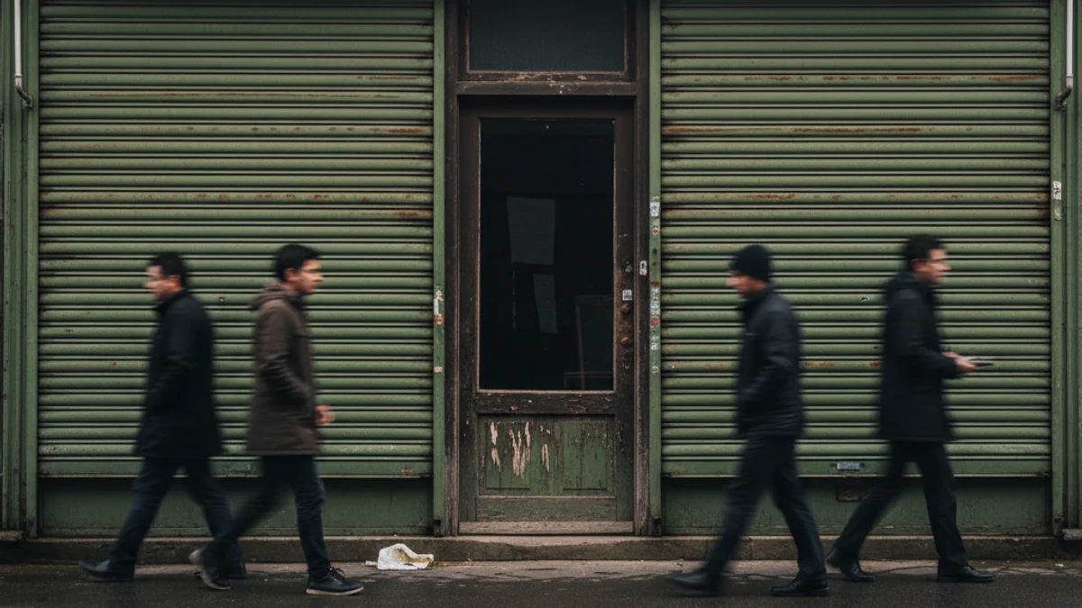 Façana tancada d'una botiga de mobles local amb les persianes abaixades, simbolitzant el final d'un negoci.
