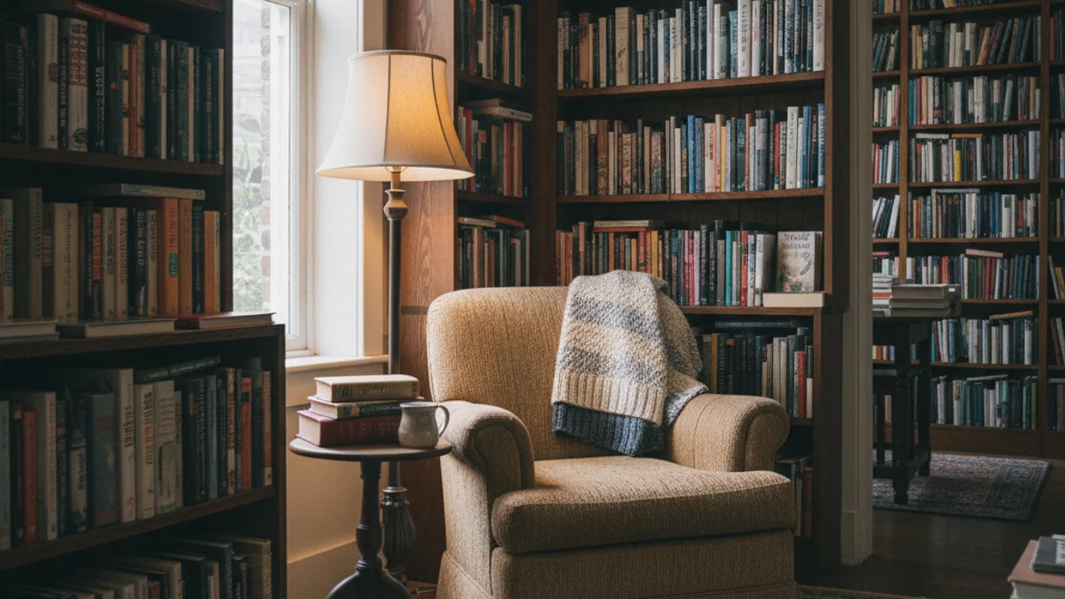 Vista interior d'una llibreria independent amb prestatgeries plenes de llibres i una taula de lectura.
