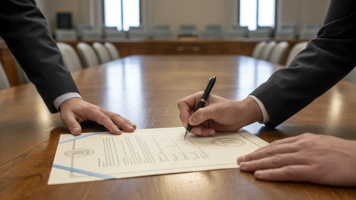 Una mà signant un document oficial sobre una taula de fusta en un entorn institucional.
