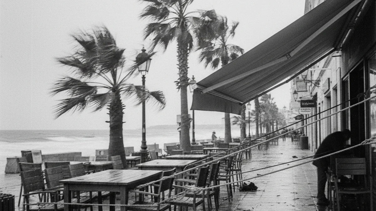 Imatge genèrica d'un paisatge urbà o costaner amb arbres doblegats pel vent fort.