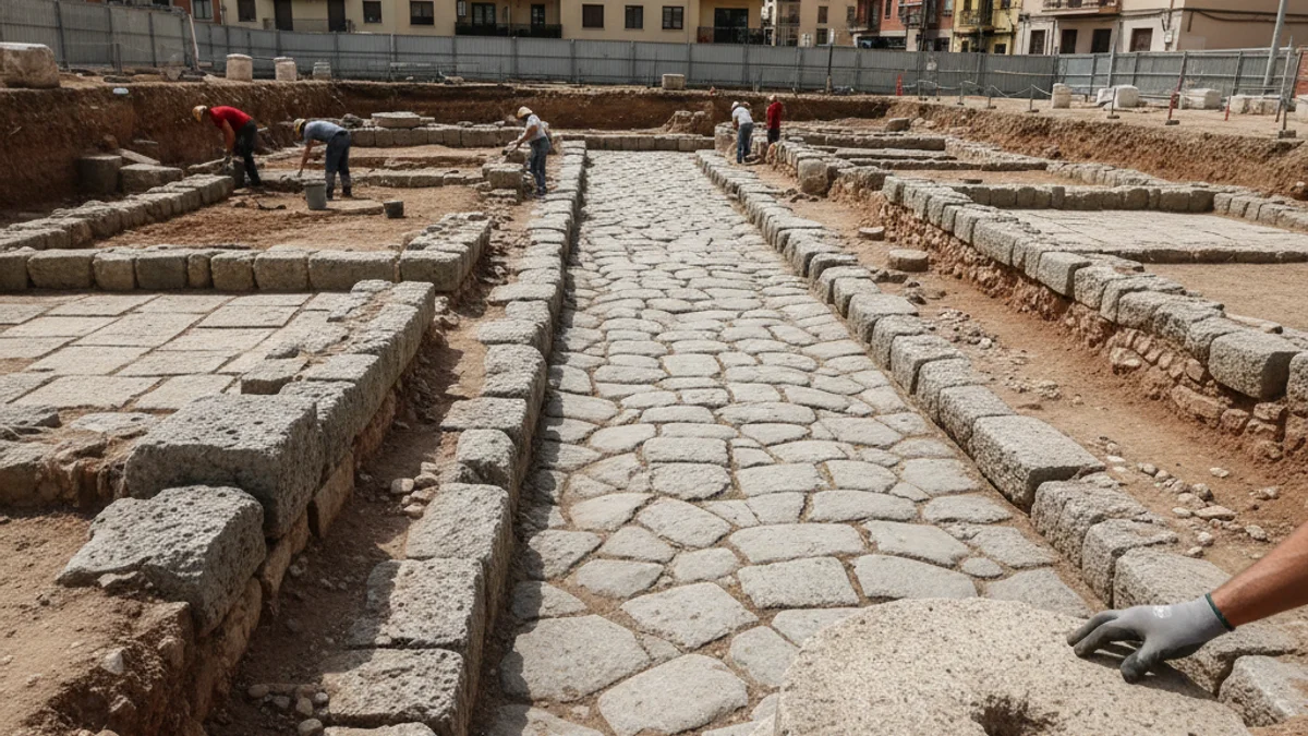 Restes arqueològiques d'un antic camí romà amb murs de pedra i vegetació al voltant.