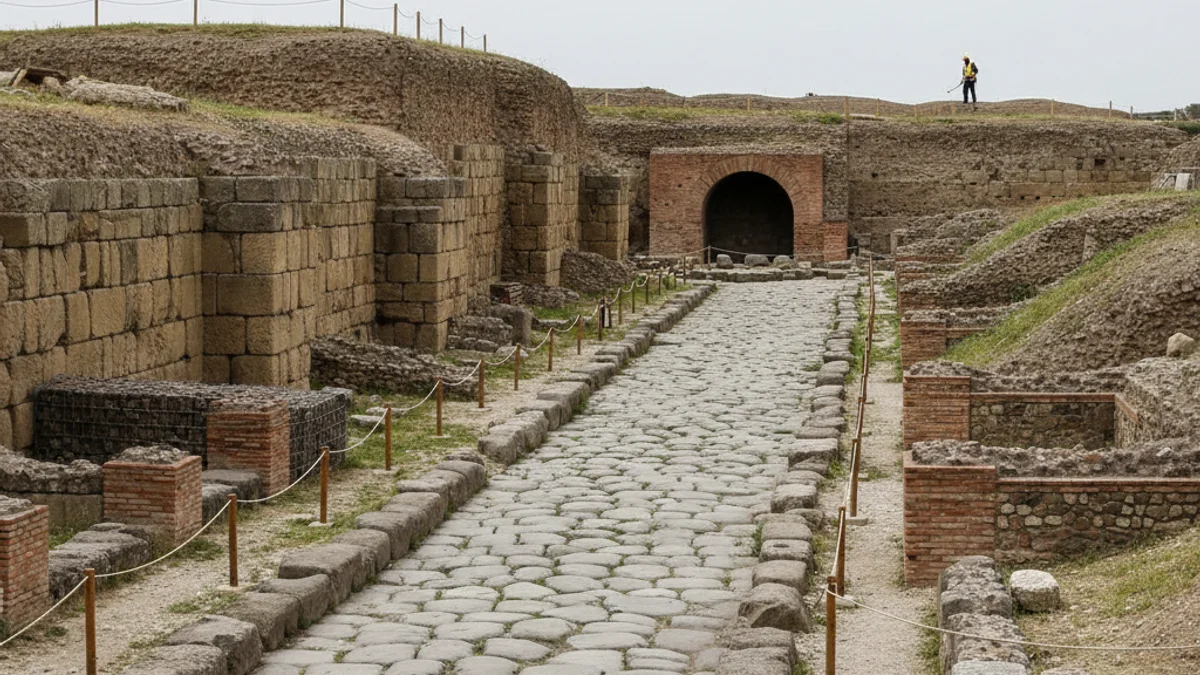 Restes arqueològiques romanes a l'aire lliure amb murs de pedra i vegetació, sota un cel clar.