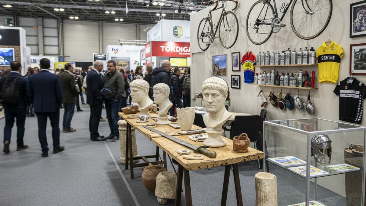 Imatge genèrica d'un estand de promoció turística en una fira internacional, amb elements que evoquen l'esport i la història.