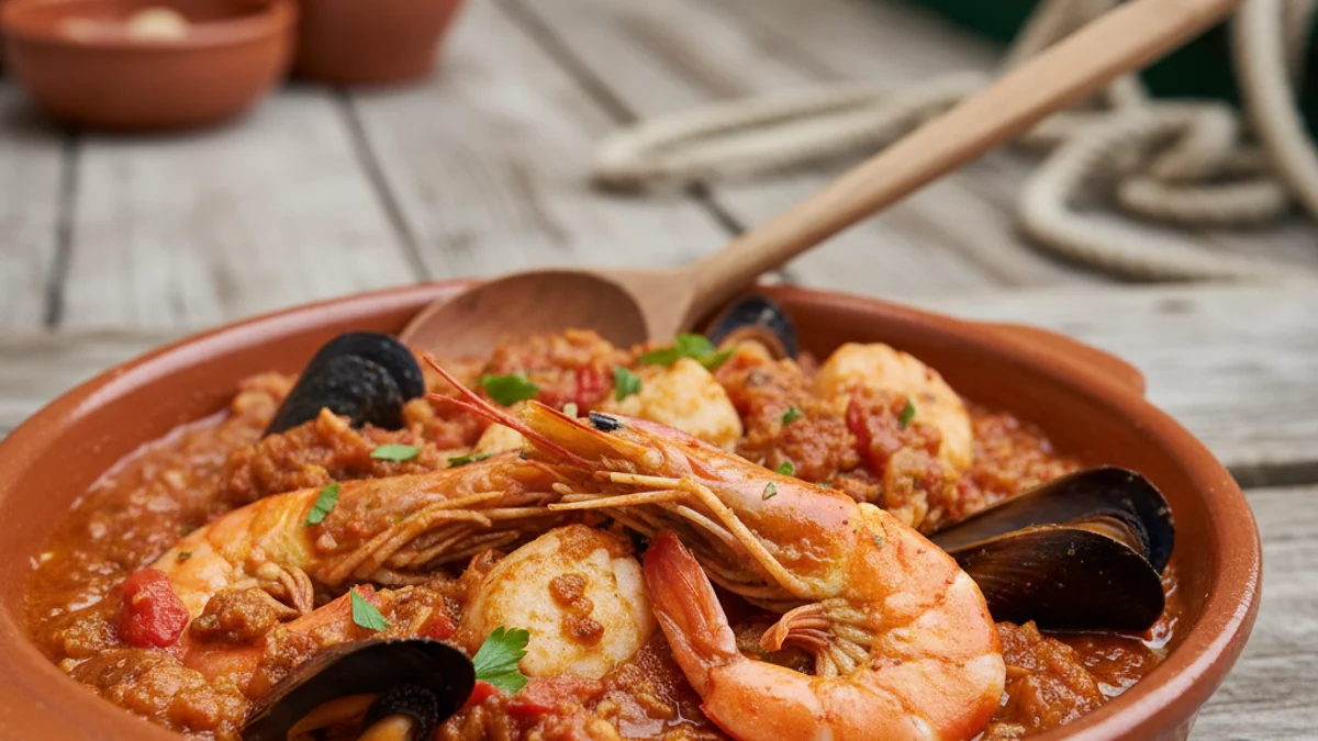 Imatge genèrica d'un plat de romesco tradicional amb peix fresc en un ambient mariner.