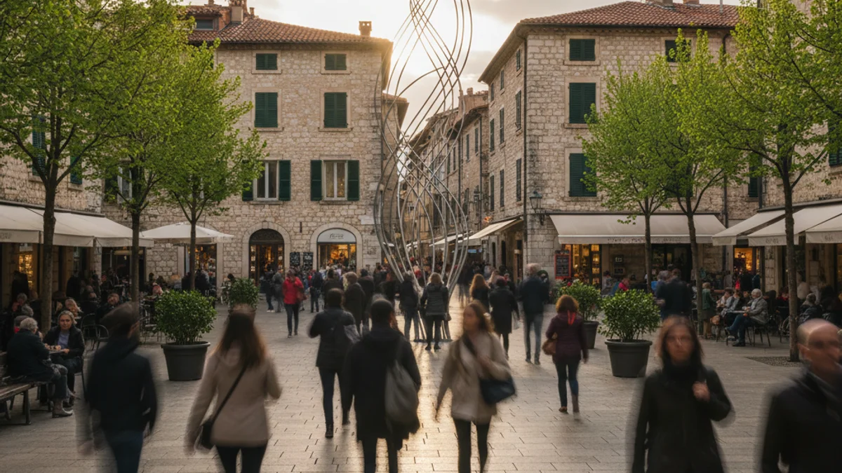 Vista genèrica d'un carrer o plaça d'una ciutat petita amb siluetes de persones, simbolitzant el creixement demogràfic.