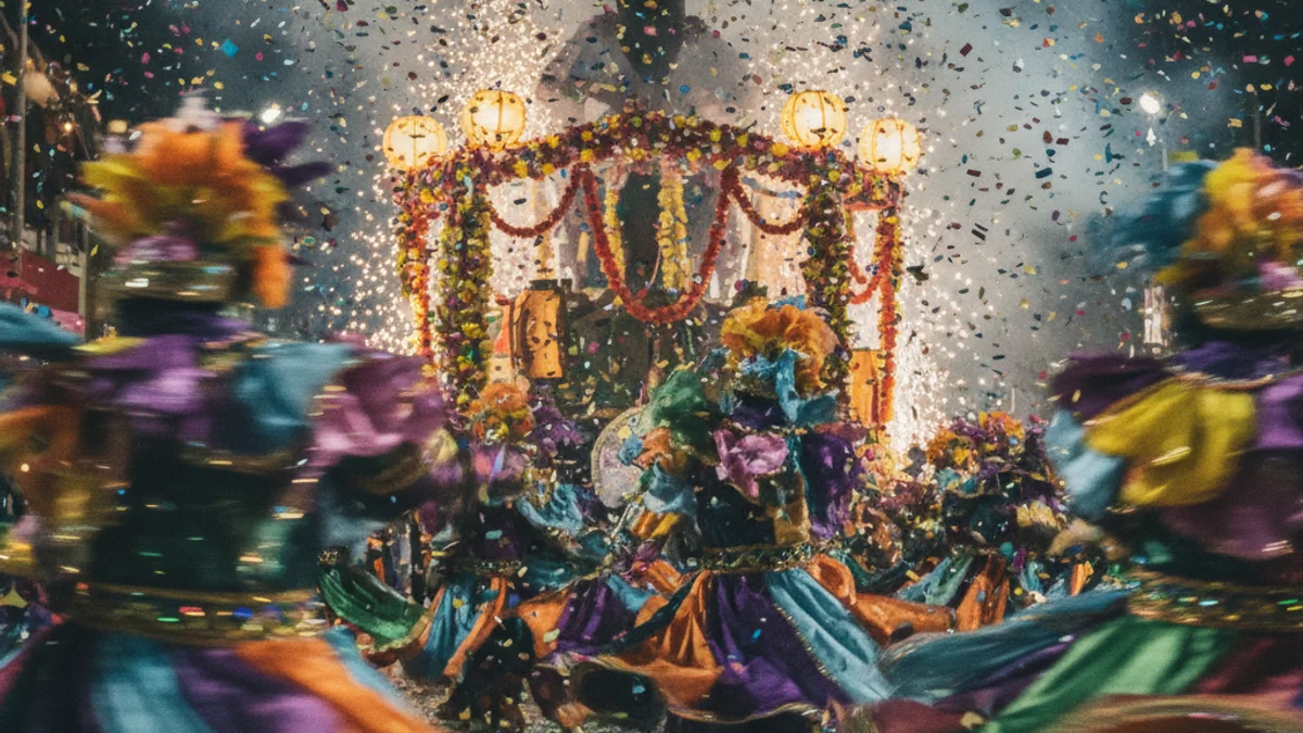 Imatge d'una rua de Carnaval nocturna amb figures borroses ballant i confeti a l'aire.