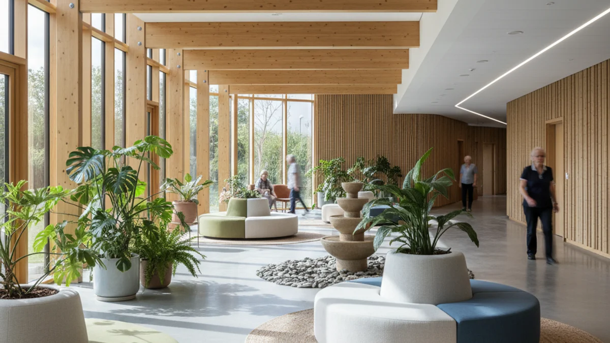 Vista d'un centre de dia modern amb espais oberts i lluminosos, dissenyat per a l'atenció de persones grans.