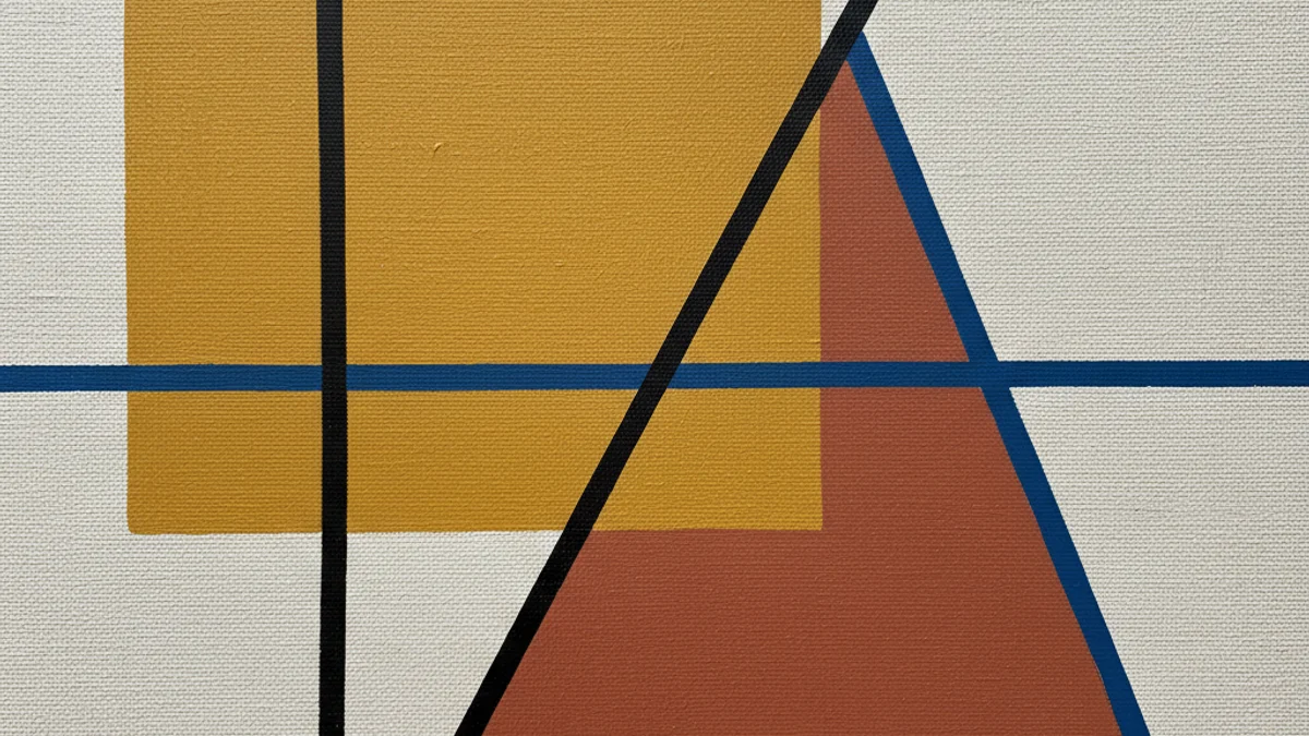Detall d'una obra d'art abstracta i geomètrica amb línies rectes i colors neutres.