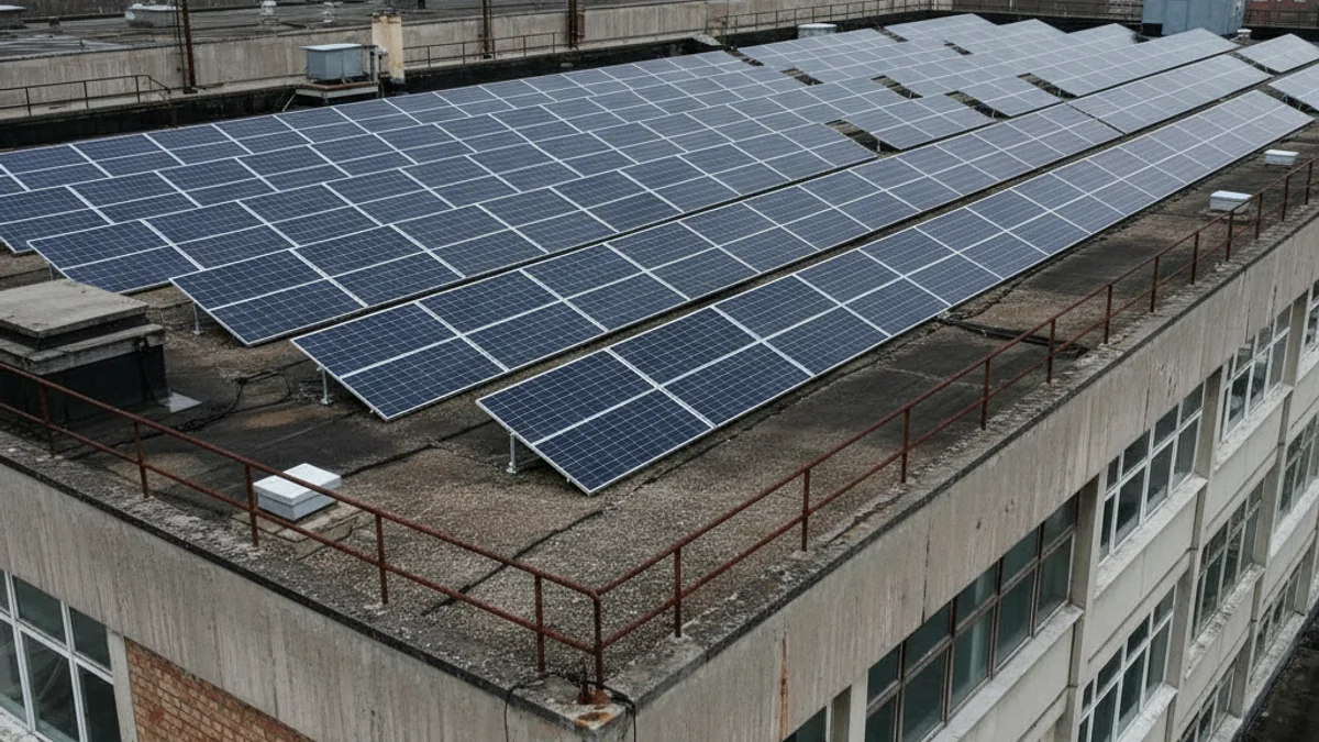 Vista aèria de plaques solars instal·lades sobre la coberta d'un pavelló esportiu municipal.