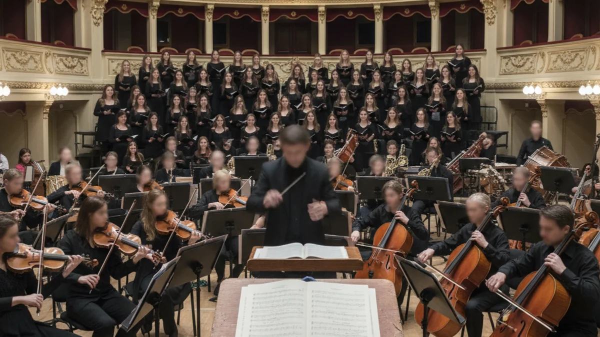 Una orquestra simfònica i un cor actuant en un teatre amb il·luminació neutra.