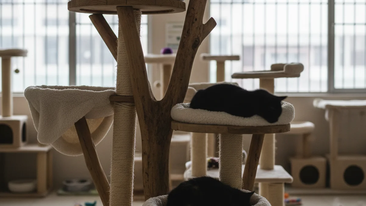 Imatge genèrica de l'interior d'una gatera municipal amb estructures de fusta per al benestar dels felins.