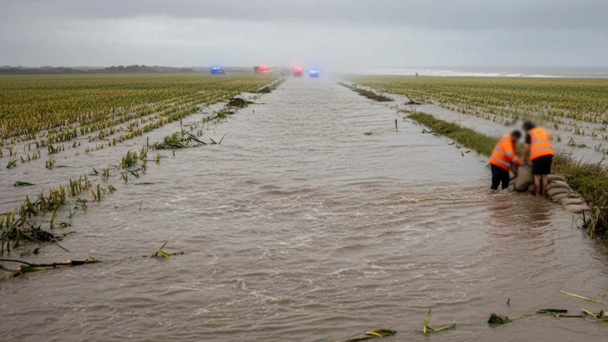 Imatge genèrica d'una carretera inundada amb senyals de trànsit tallat i camps de conreu negats.