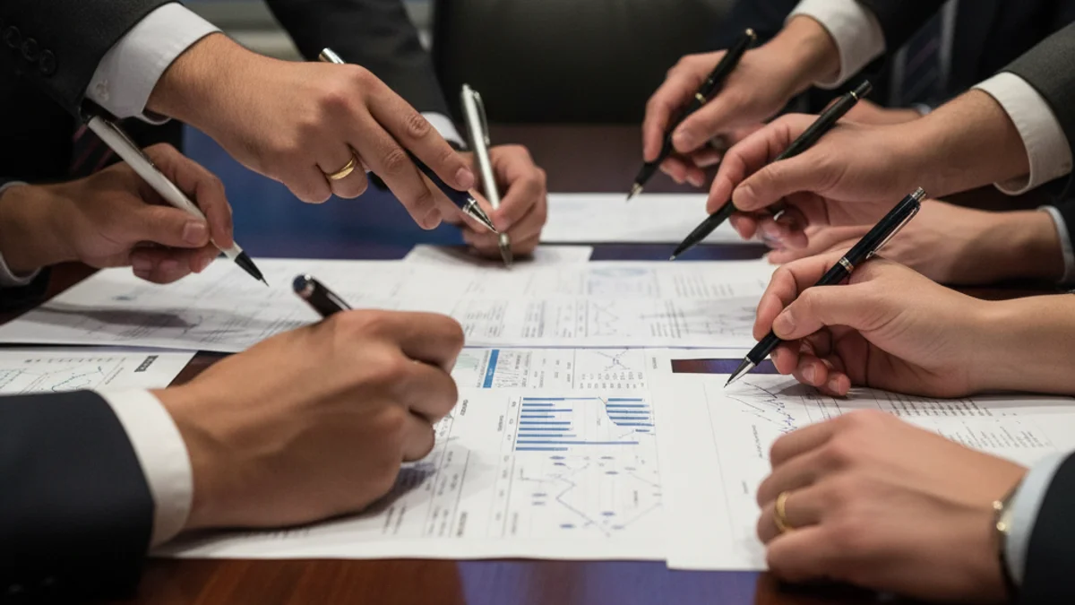 Abstract representation of economic documents and hands on a negotiation table, symbolizing disagreement among business entities.