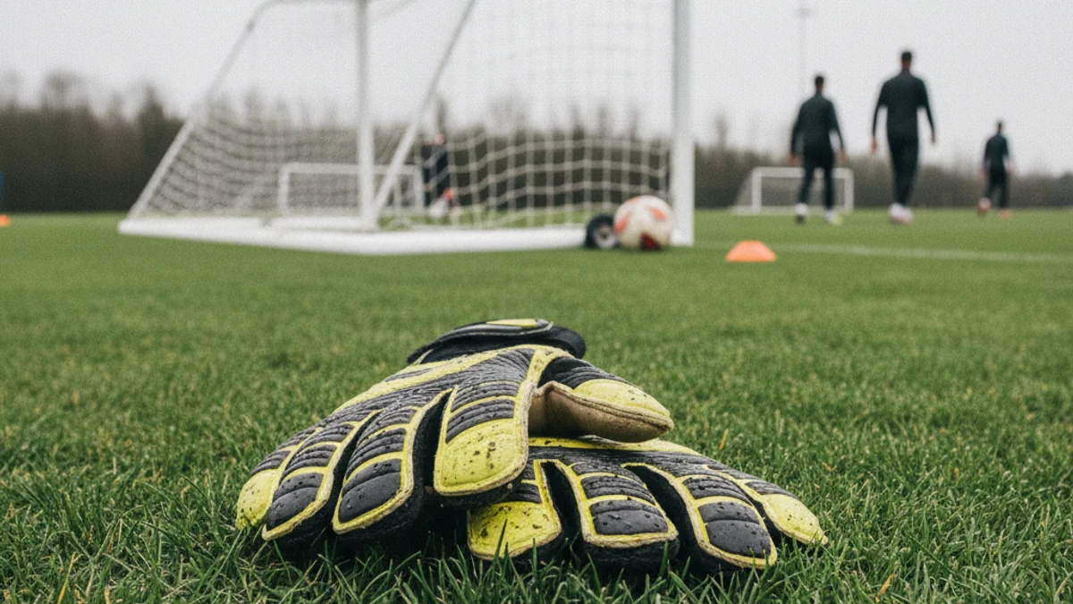 Imatge genèrica d'un porter entrenant en un camp de futbol professional, amb guants i pilota.
