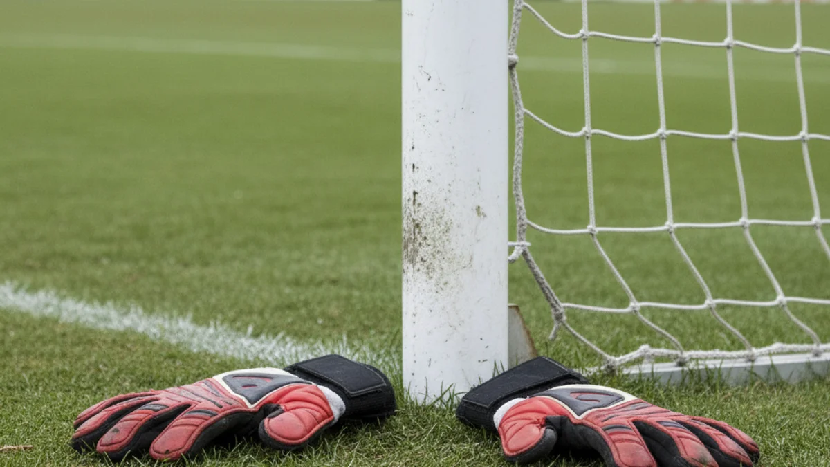 Guants de porter damunt la gespa d'un camp de futbol, simbolitzant una baixa o lesió.