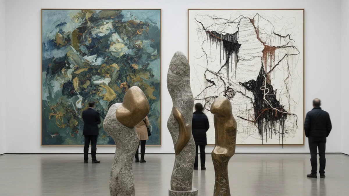 Descripció genèrica d'una exposició d'art visual amb escultures o pintures en una sala lluminosa.