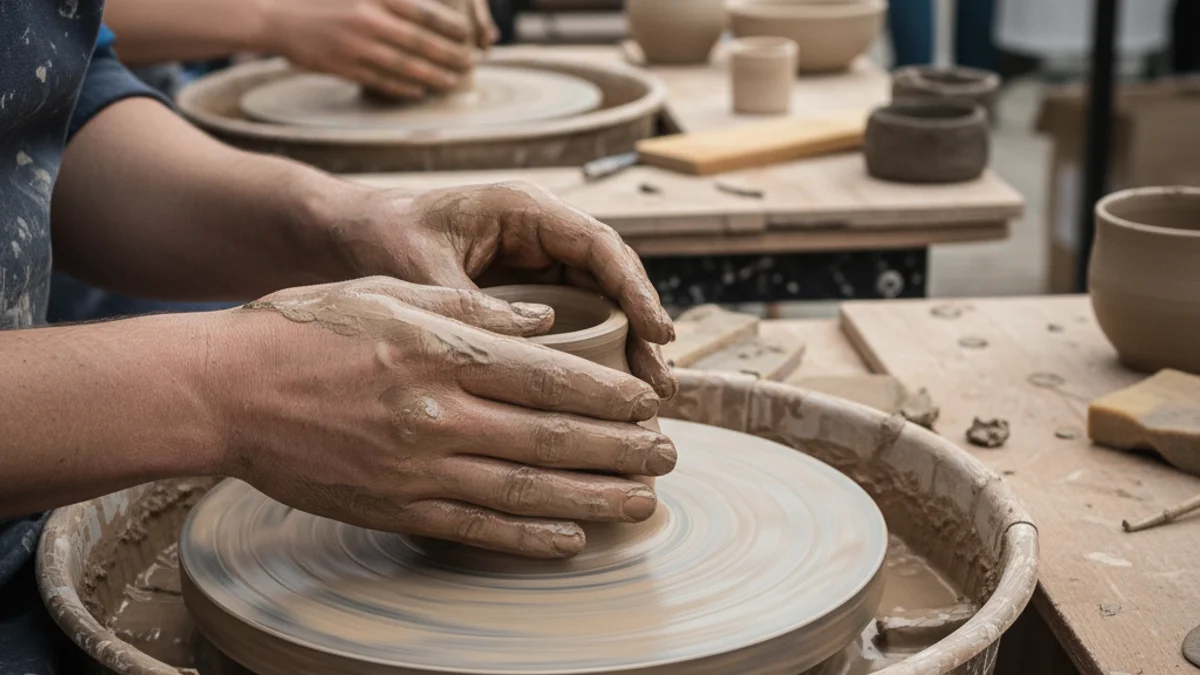 Una mà modelant argila en un torn de terrissaire, amb peces de ceràmica acabades al fons.