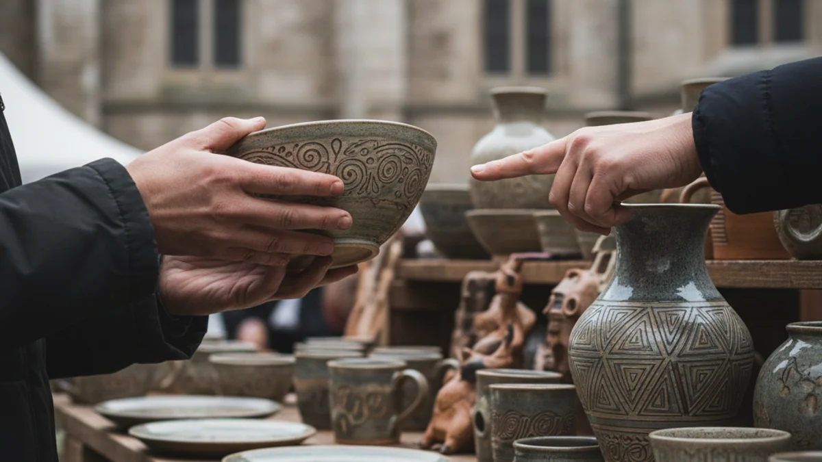 Diverses peces de ceràmica creativa exposades en un mercat d'artesania a l'aire lliure.
