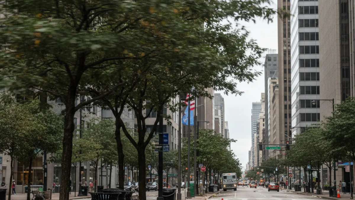 Imatge genèrica de mobiliari urbà o arbres movent-se pel vent en una ciutat catalana, sense persones visibles.