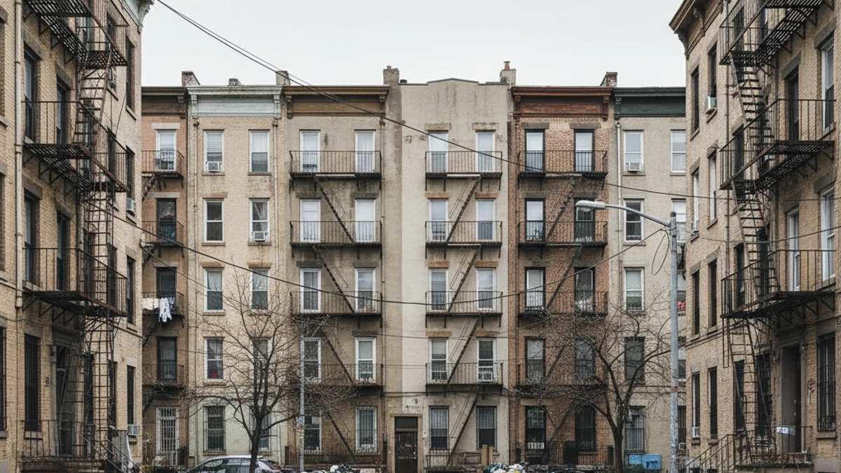 Vista genèrica d'un barri residencial que necessita rehabilitació urbana, amb edificis d'habitatges i espais comunitaris.