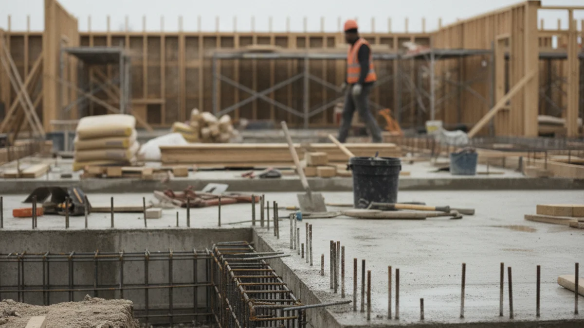 Imatge genèrica d'un projecte de construcció d'habitatge social amb grues i fonaments.