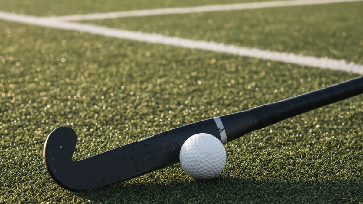 Imagen genérica de un campo de hockey hierba con palos y pelotas, sin jugadores reconocibles.