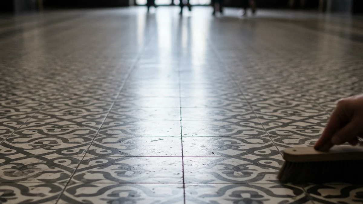 Detall d'un paviment hidràulic antic amb disseny geomètric en relleu, il·luminat per llum natural.