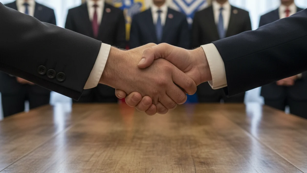 Representació d'un acord institucional amb dues mans encaixant sobre una taula de reunions.