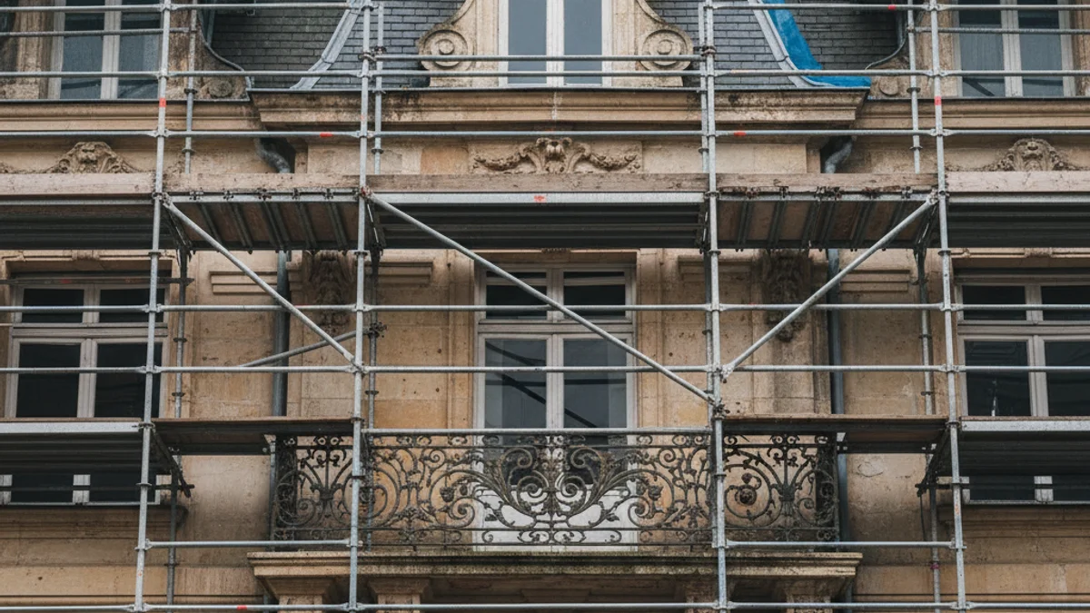 Imatge genèrica d'una façana modernista en rehabilitació amb bastides, evitant mostrar persones.