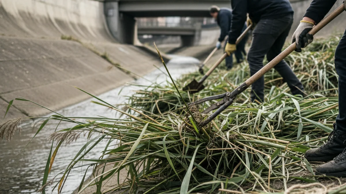 Treballs de desbrossament i neteja en un tram urbà d'una riera, amb operaris retirant vegetació invasora.