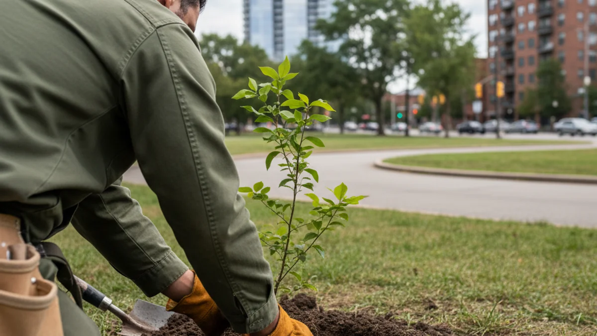 Imatge genèrica d'un operari municipal plantant un arbre jove en un parc urbà de la ciutat.