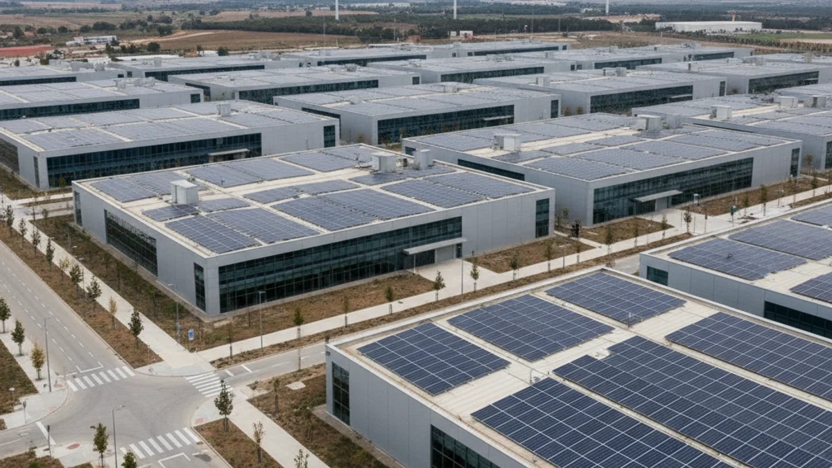 Vista genèrica d'un polígon industrial amb naus i carreteres, simbolitzant la modernització econòmica.