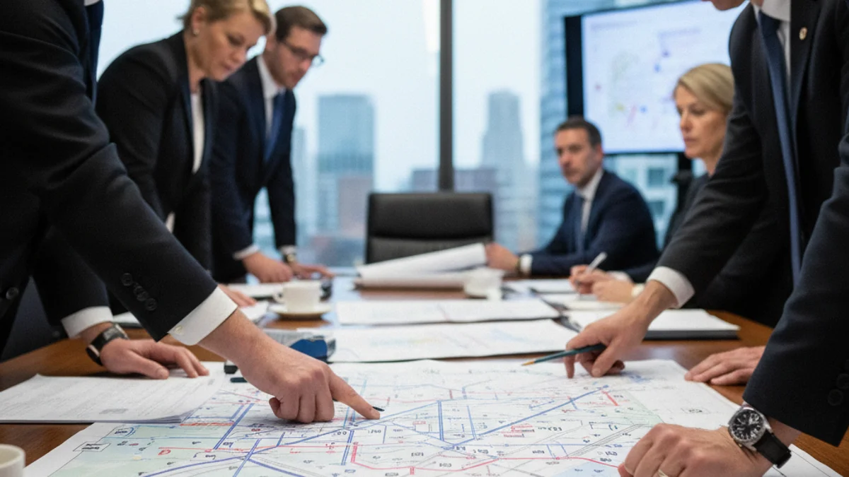 Representació genèrica d'una reunió institucional o d'un debat sobre infraestructures ferroviàries i habitatge social.