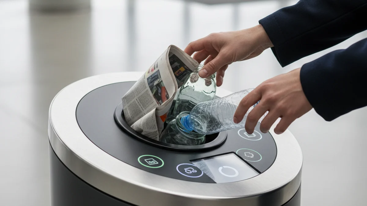 Imatge genèrica d'una persona utilitzant un contenidor modern de recollida selectiva o un punt verd.