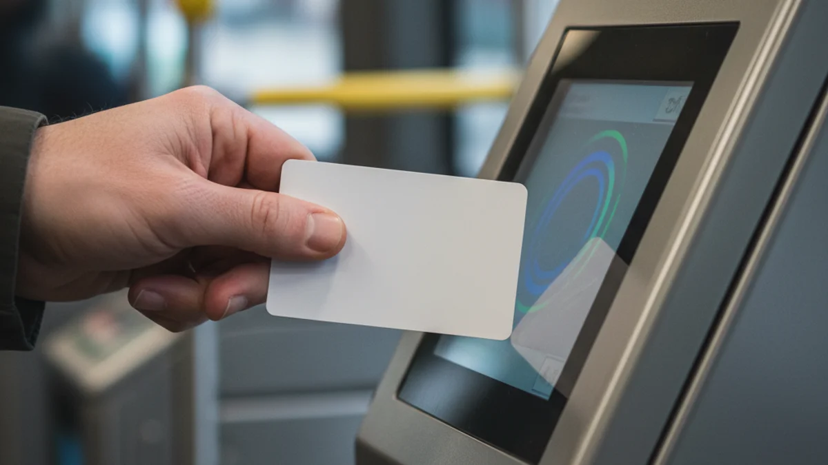 Una mà utilitzant una targeta de transport sense contacte en una màquina validadora de bus o metro.