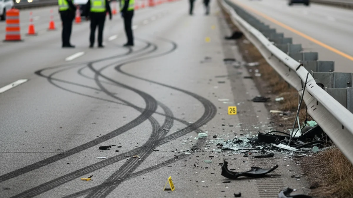 Imatge genèrica d'una escena d'investigació policial en una carretera, amb restes d'un accident de trànsit.