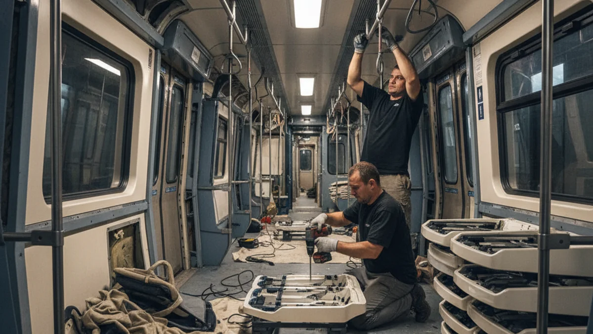 Tècnics treballant en la remodelació de l'interior d'un vagó de metro, amb seients nous i il·luminació LED.