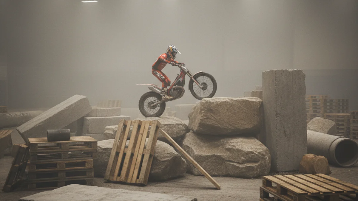Imatge genèrica d'un pilot de trial superant una zona rocosa en una competició indoor.