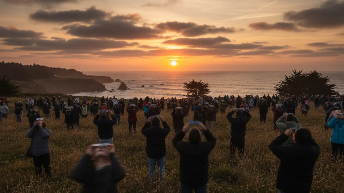 Imatge genèrica d'un grup de persones observant un fenomen astronòmic amb ulleres de protecció.
