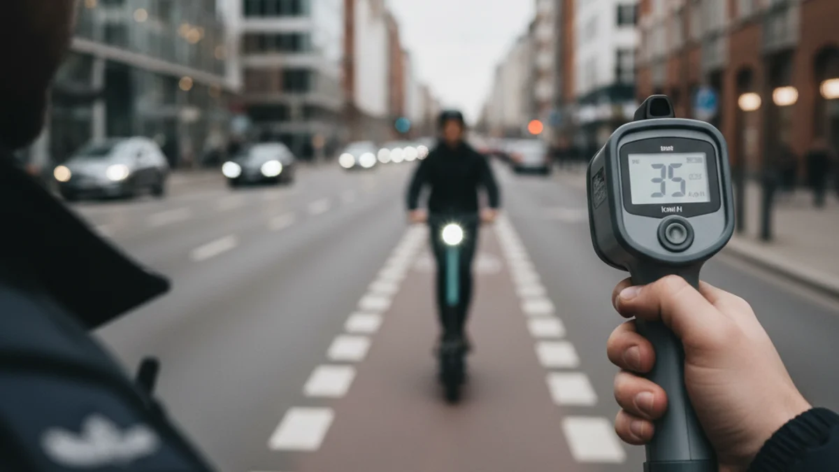 Agent de policia utilitzant un radar portàtil per mesurar la velocitat d'un vehicle de mobilitat personal en una zona urbana.