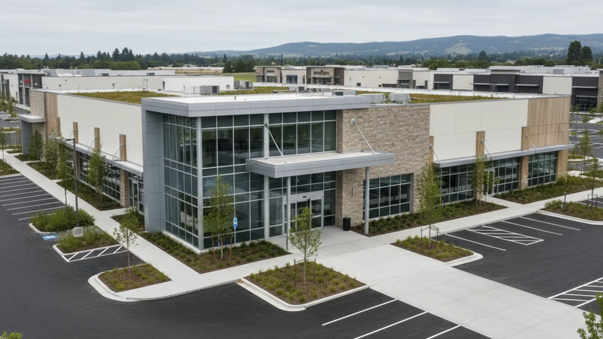 Vista genèrica d'una zona comercial amb grans superfícies i aparcaments, sense logotips visibles.