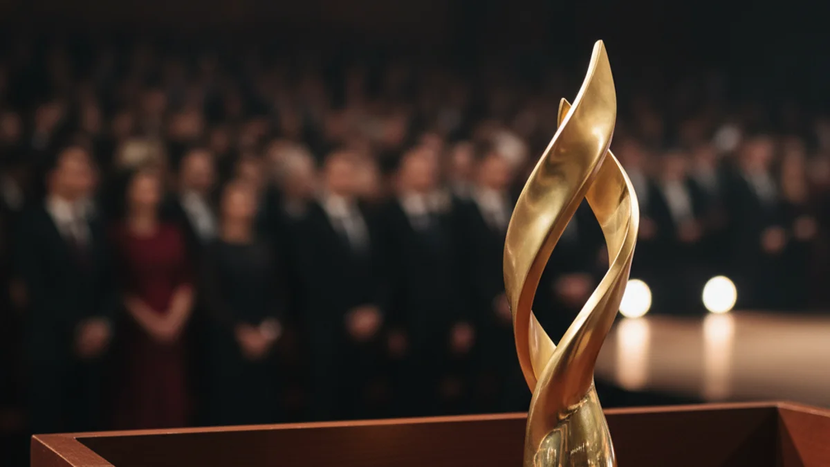 Imatge genèrica d'un premi o guardó, o una silueta de dona davant d'un podi durant un acte institucional.