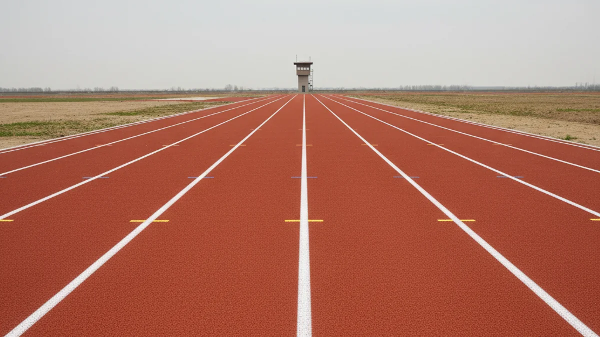 Vista genèrica d'una pista d'atletisme moderna amb vuit carrils, amb grades buides al fons, sota una llum natural.