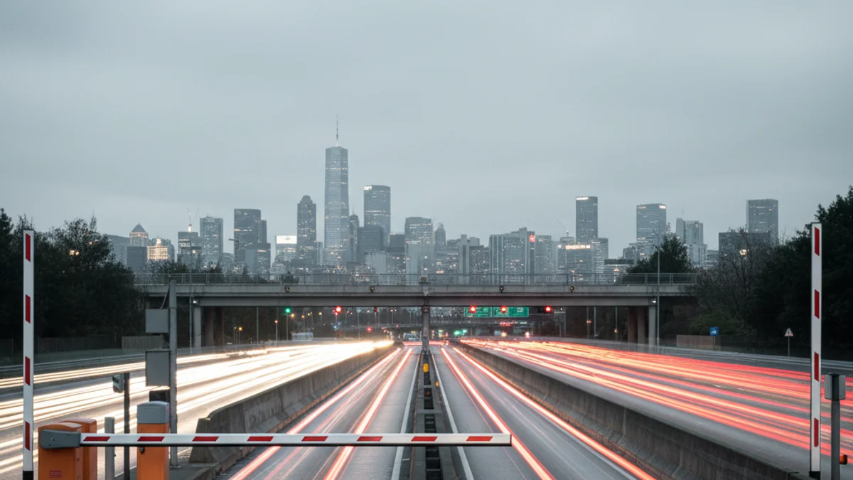 Imatge genèrica d'una barrera de peatge en una autopista que condueix a una ciutat, amb vehicles circulant.
