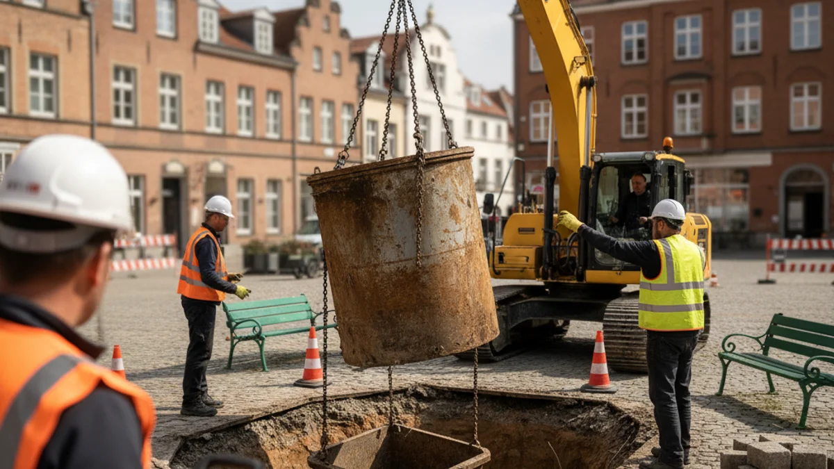 Treballs de retirada de contenidors soterrats en una plaça urbana amb maquinària pesada.