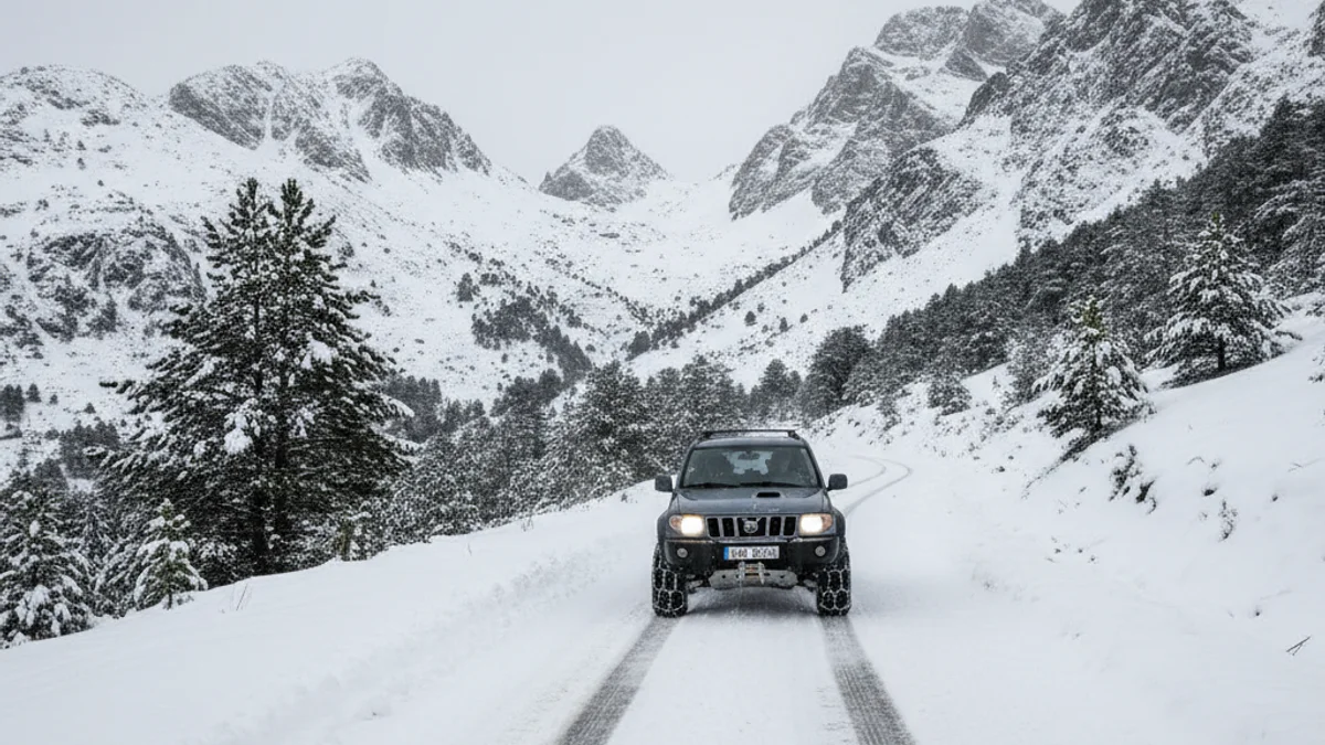 Una carretera de muntanya coberta de neu amb senyals de trànsit que indiquen l'ús obligatori de cadenes.