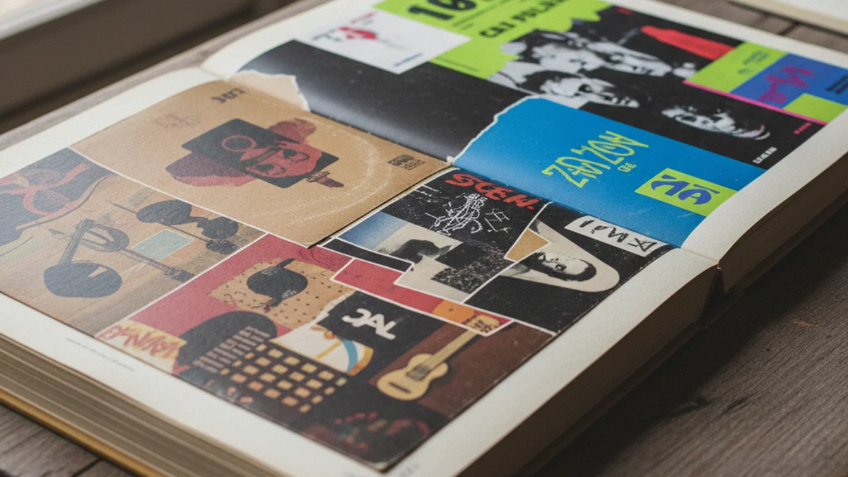 Imatge d'un llibre d'art de gran format obert, mostrant un collage de portades de discos catalans icòniques.