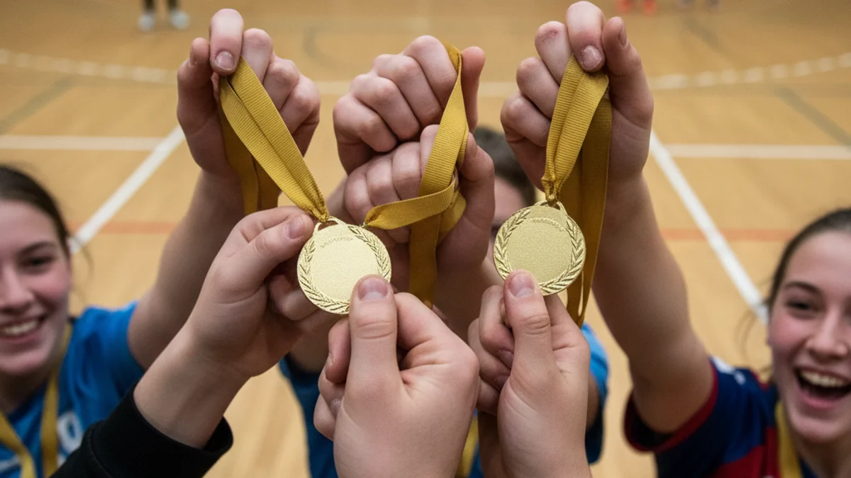 Imatge genèrica de mans de jugadors joves d'handbol sostenint medalles d'or després d'una competició.