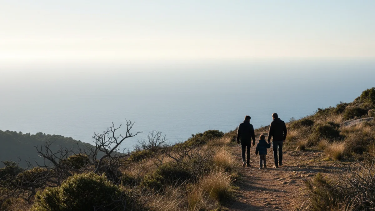 Imatge genèrica d'una família caminant per un sender de muntanya sec amb vegetació mediterrània a l'hivern.